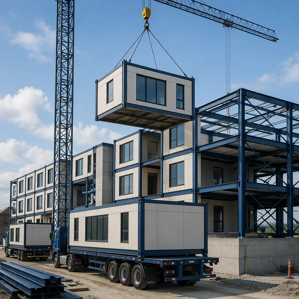 Construction site showing modular building modules arriving on flatbed trucks, crane lifting steel-framed module unit with factory-installed windows and cladding onto prepared foundation, multiple modules already in position