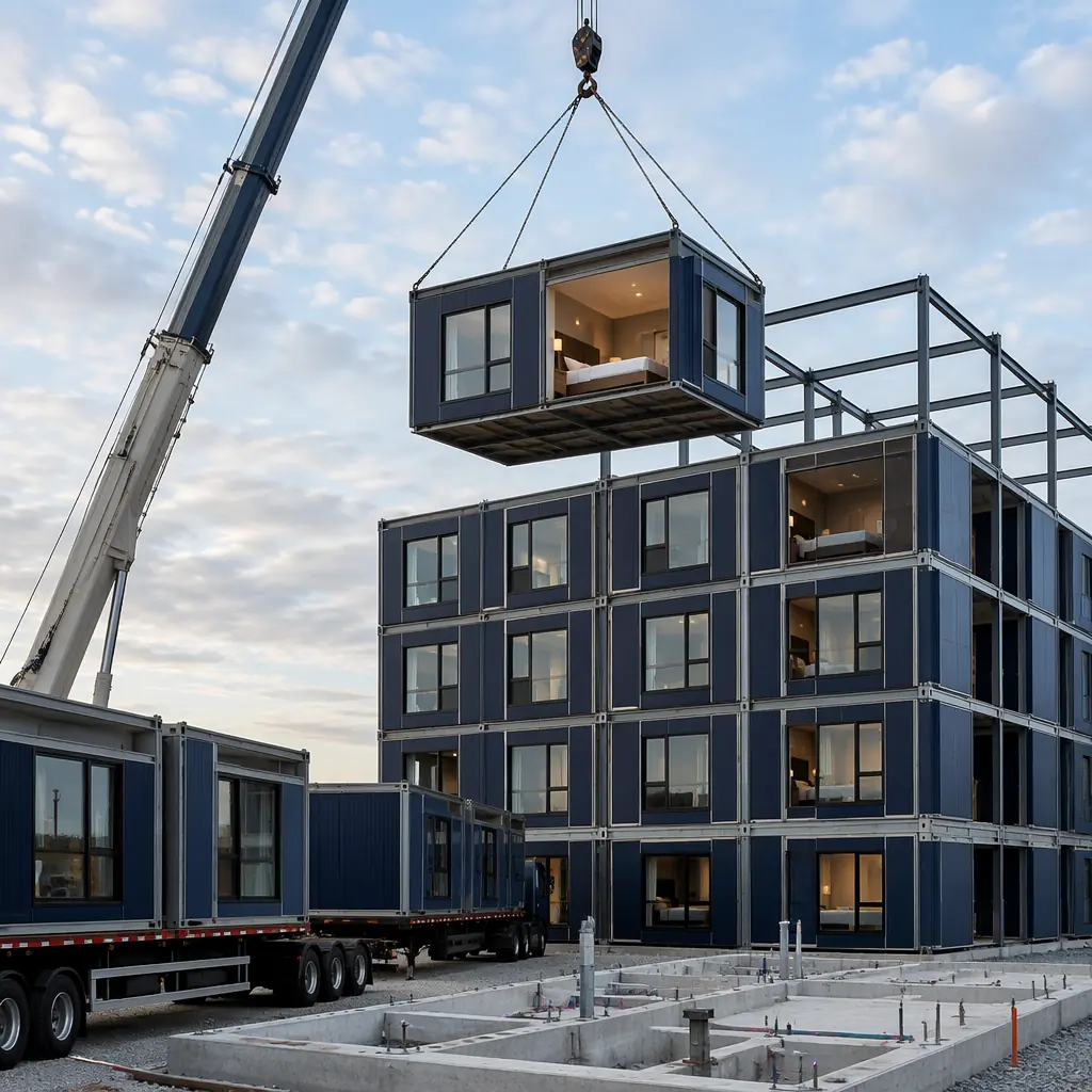 Crane lifting completed modular hotel room unit with factory-installed finishes, windows, and bathroom pod onto multi-story building, modules stacked and connected, construction site with foundation prepared and modules arriving on flatbed trucks