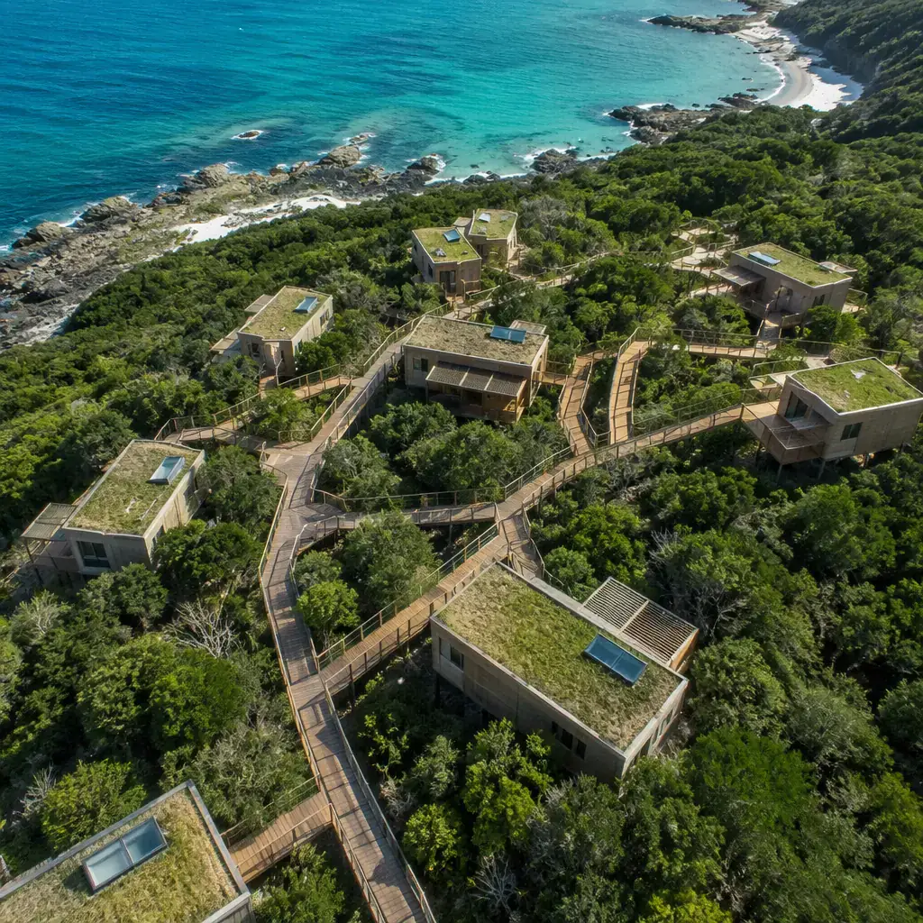 Aerial view of modular eco-lodge cluster in coastal forest setting, individual cabin units arranged along natural contours with elevated boardwalks connecting them, green roofs blending with surrounding vegetation, ocean visible in background, minimal site disturbance visible