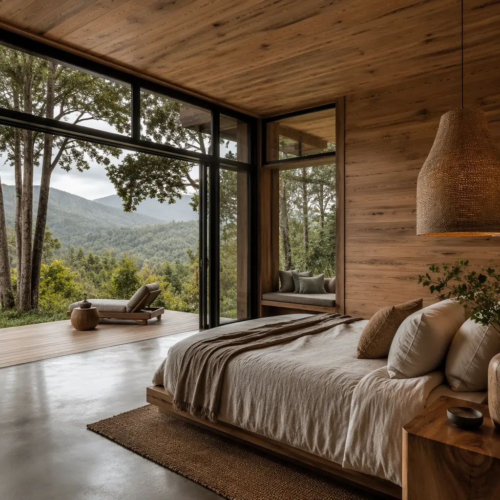 Interior of modular eco-lodge unit, floor-to-ceiling windows framing forest view, natural timber wall panels with warm wood tones, minimalist king bed with organic linens, pendant lighting with woven natural fiber shade, polished concrete-look floor, seamless indoor-outdoor transition