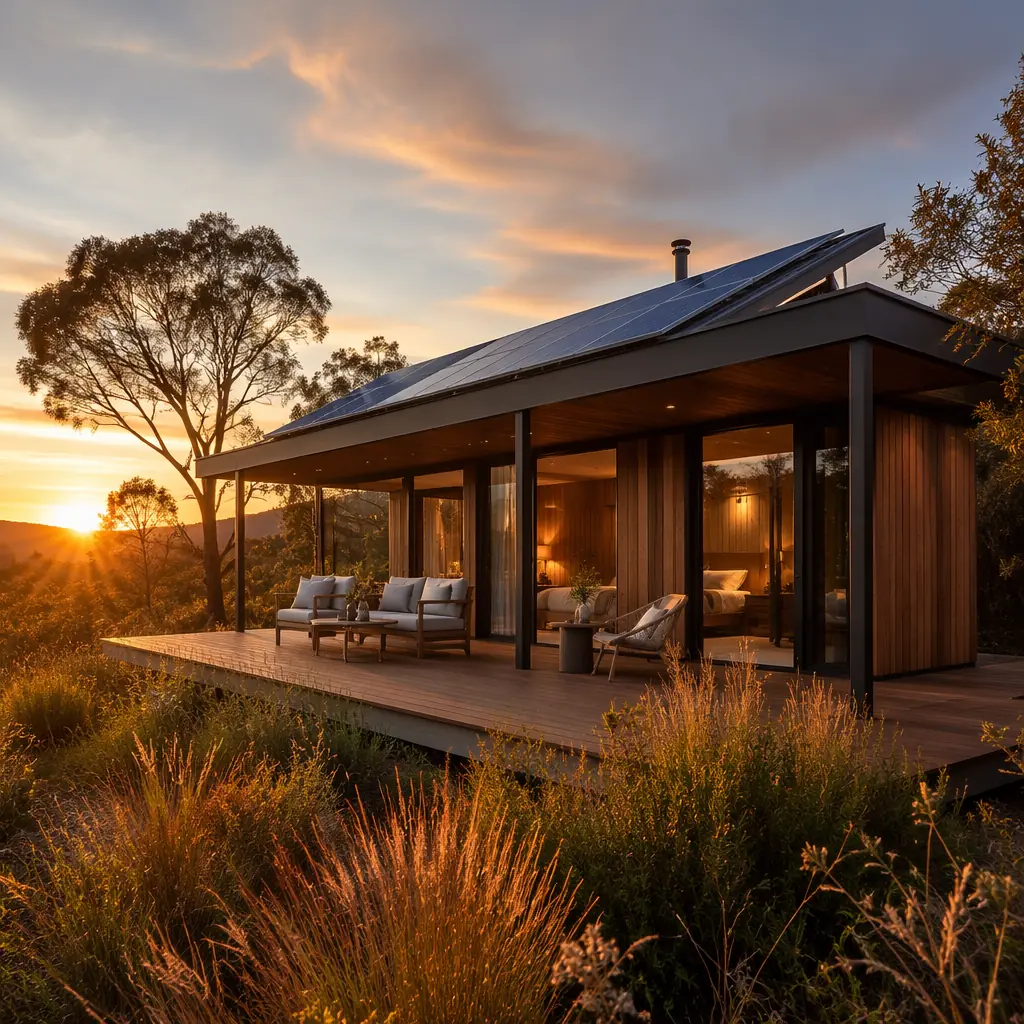 Completed modular eco-lodge at sunset, warm golden light on timber cladding, guests visible on private deck, surrounding native vegetation, solar panels on roof catching last light, tranquil luxury wilderness experience