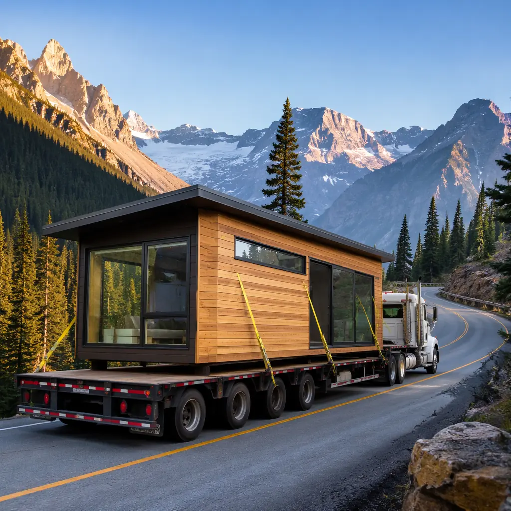 Flatbed truck transporting completed modular eco-lodge unit on winding mountain road, timber-clad module secured on trailer, forest and mountain scenery in background, dawn lighting highlighting the module's architectural design, transport logistics scene
