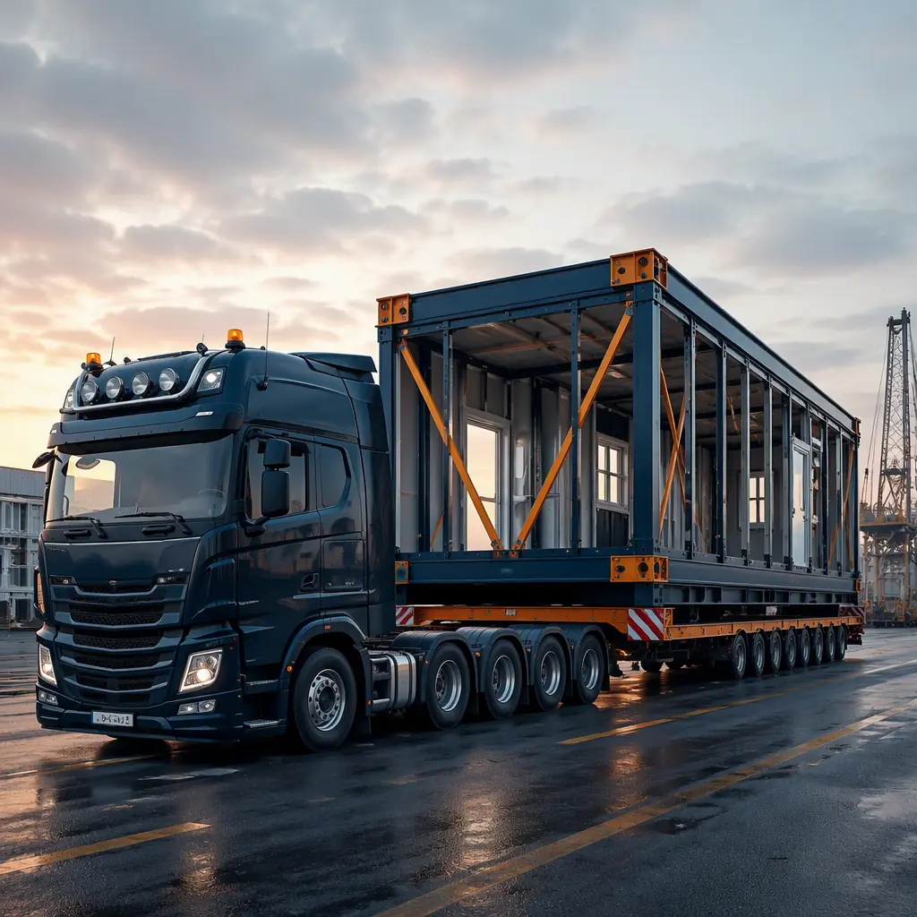 Aerial view of a modular building construction site showing crane lifting a module from flatbed trailer to building position, with laydown yard and delivery queue visible