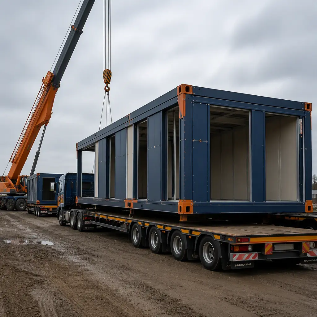 Modular building unit being transported on a flatbed trailer with escort vehicle on a highway, showing the scale of oversize load logistics