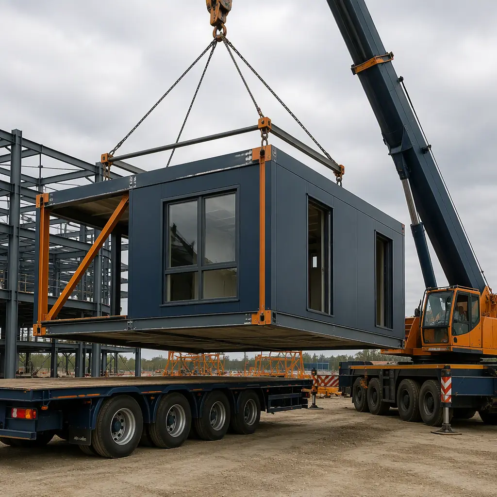 Close-up of a modular building module being lifted by crane with rigging crew visible, showing the four-point spreader bar lift system and module alignment guides
