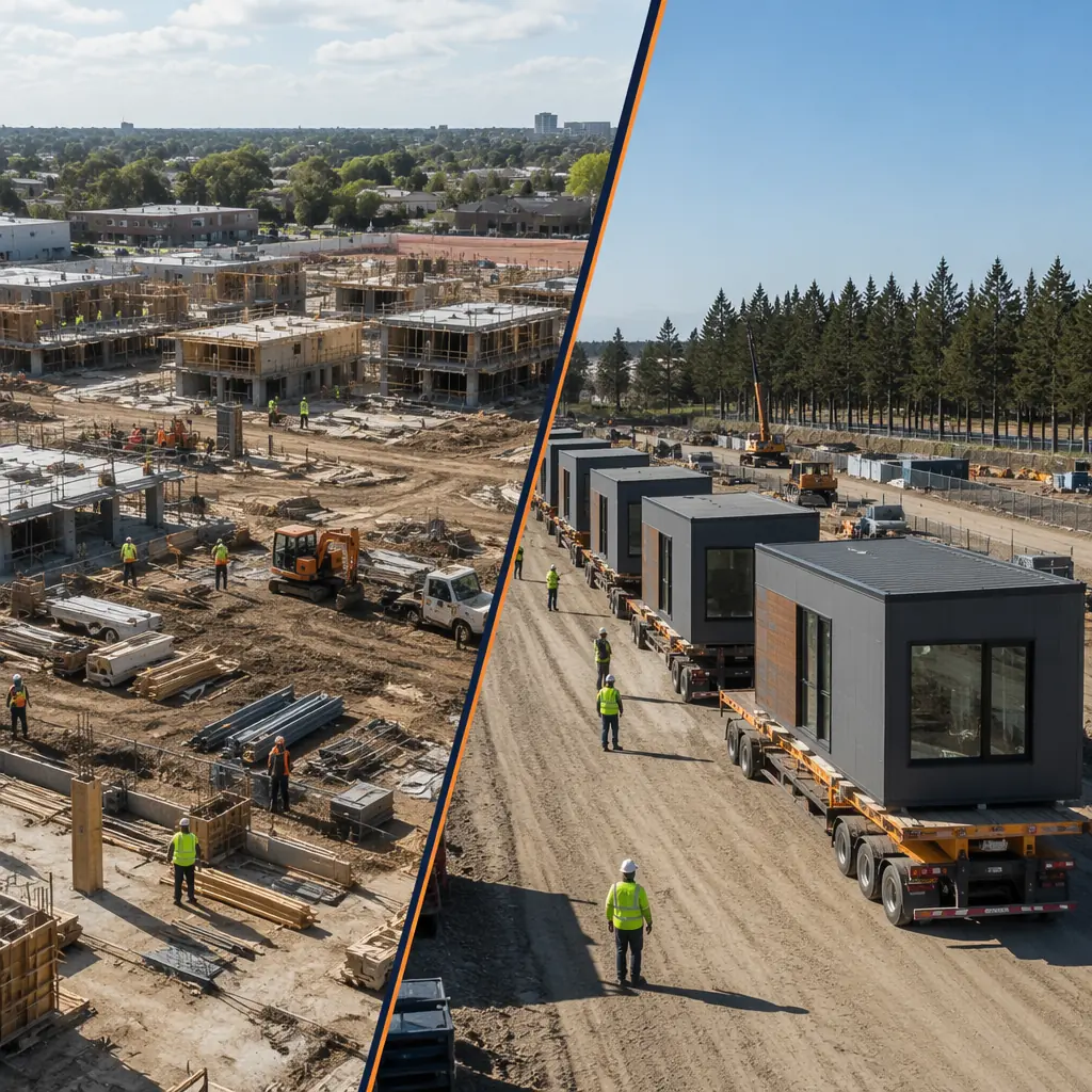 Split visual showing two construction approaches side by side, one side showing fragmented multi-contractor site with separate crews working uncoordinated, other side showing unified turnkey modular approach with modules arriving in sequence and single coordinated team, clean professional presentation style