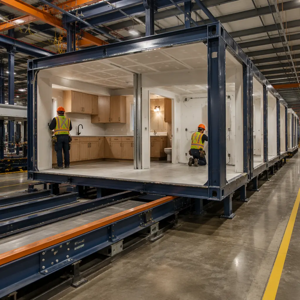 Interior of modular construction factory, prefabricated building module on assembly line with steel frame visible, workers installing interior drywall and electrical conduit, controlled factory environment with overhead cranes, module nearing 90% completion before transport to site, industrial photography style with navy and orange accents