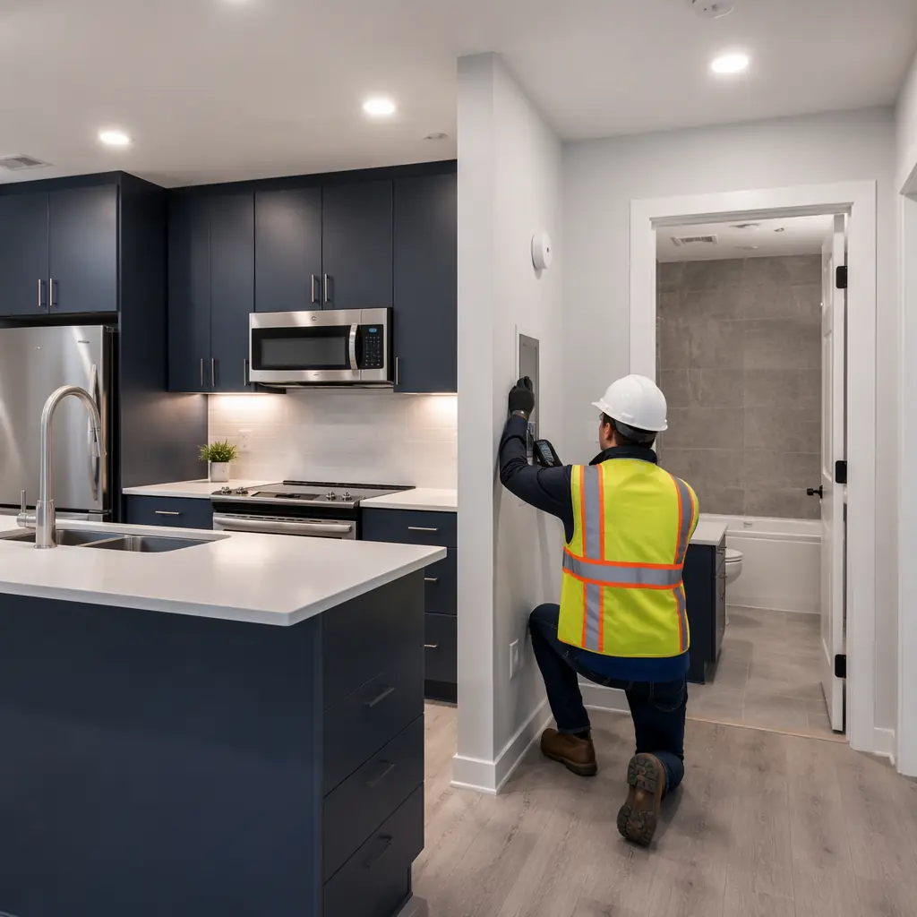 Quality control inspection of completed modular unit interior, inspector checking wall finish and MEP connections with measurement tools, factory-finished apartment module with kitchen millwork visible, overhead lighting installed, clean modern interior with consistent finish quality, professional industrial photography
