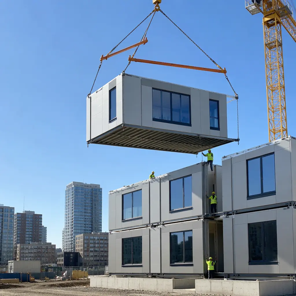 Modular building under construction on urban site, crane lowering prefabricated module onto prepared foundation, modules stacking into multi-story configuration, site crew connecting module-to-module mechanical and electrical interfaces, clear sky showing efficient weather-independent assembly, urban construction context with neighboring buildings visible