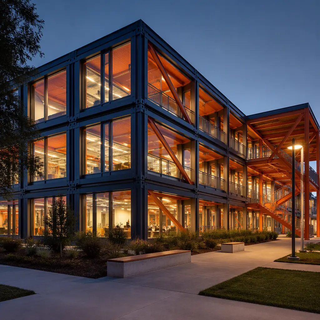 Completed modern modular university academic building on campus, prefabricated steel frame construction with contemporary architectural facade, brick veneer and curtain wall exterior finishes on modular steel frame, students walking on connecting pathways, landscaped university campus setting with mature trees, dark navy and warm steel orange architectural accents, professional institutional architecture photography
