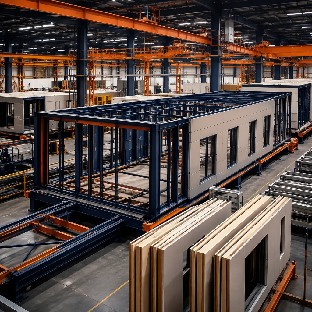 Factory assembly of modular university academic building modules, steel frame prefabricated construction facility, lecture hall module with tiered seating being assembled on factory floor, workers installing classroom technology infrastructure, controlled factory environment with module assembly line, dark navy structural steel elements