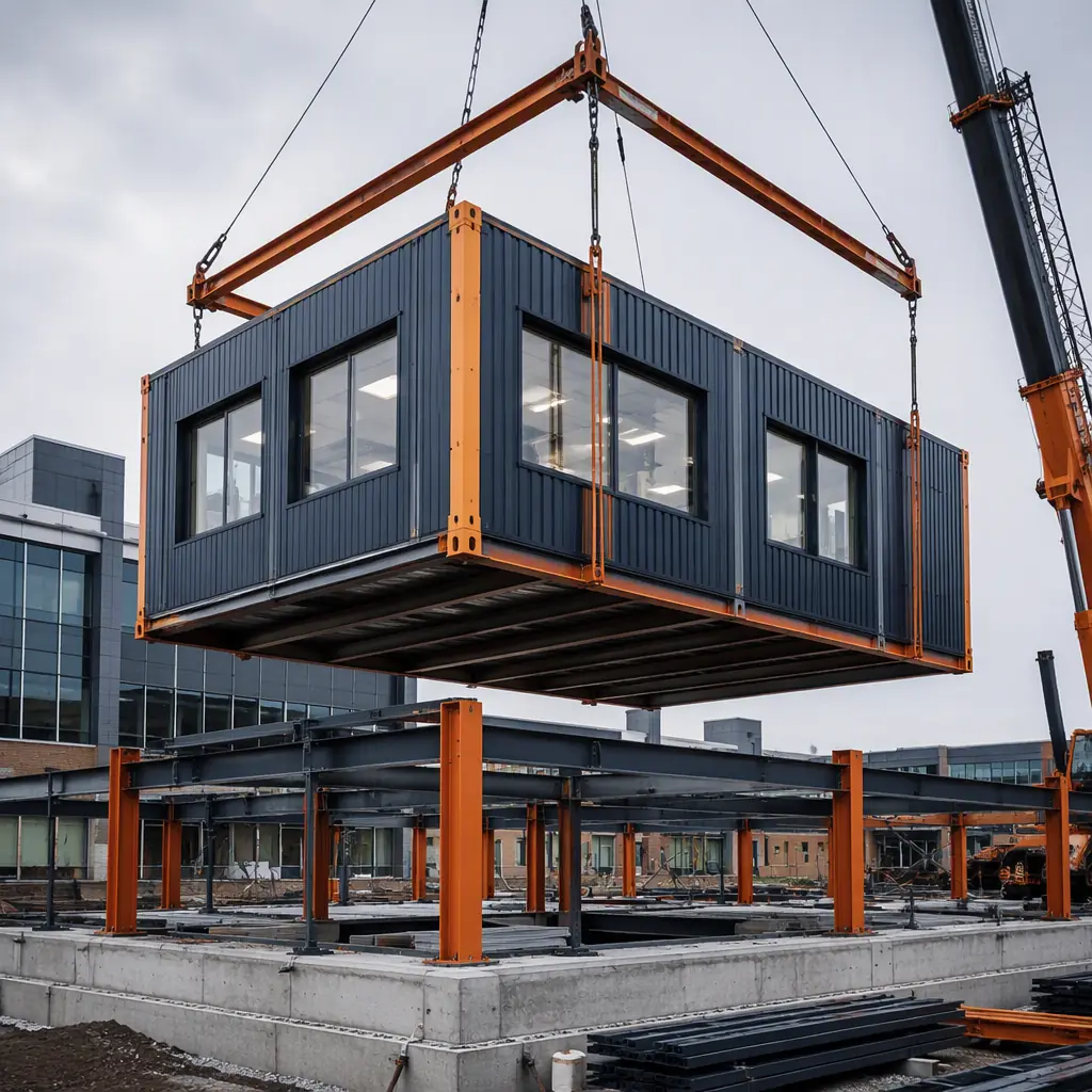 Factory assembly of modular university teaching laboratory module, steel frame prefabricated construction, lab benches with epoxy resin countertops and gas turrets being installed, fume hood duct connections visible on module ceiling, workers installing laboratory infrastructure in controlled factory environment, dark navy steel framework with warm steel orange details