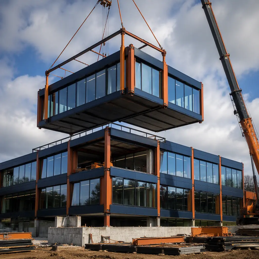 Interior of completed modular university lecture hall, prefabricated steel frame construction with tiered seating in factory-built module, acoustic wall panels integrated into module structure, ceiling-mounted AV and lighting systems pre-installed, modern academic facility with warm wood accents against dark navy structural elements, natural daylight through module-connected windows