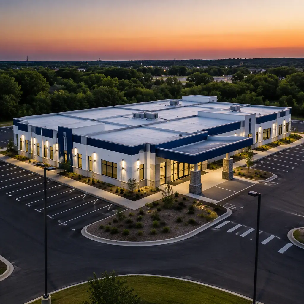 Aerial view of completed modular urgent care center campus, single-story prefabricated medical building with geometric roof grid showing factory-assembled module seams, dark navy accents on white facade, parking lot and landscaping complete, professional architectural photography at dusk