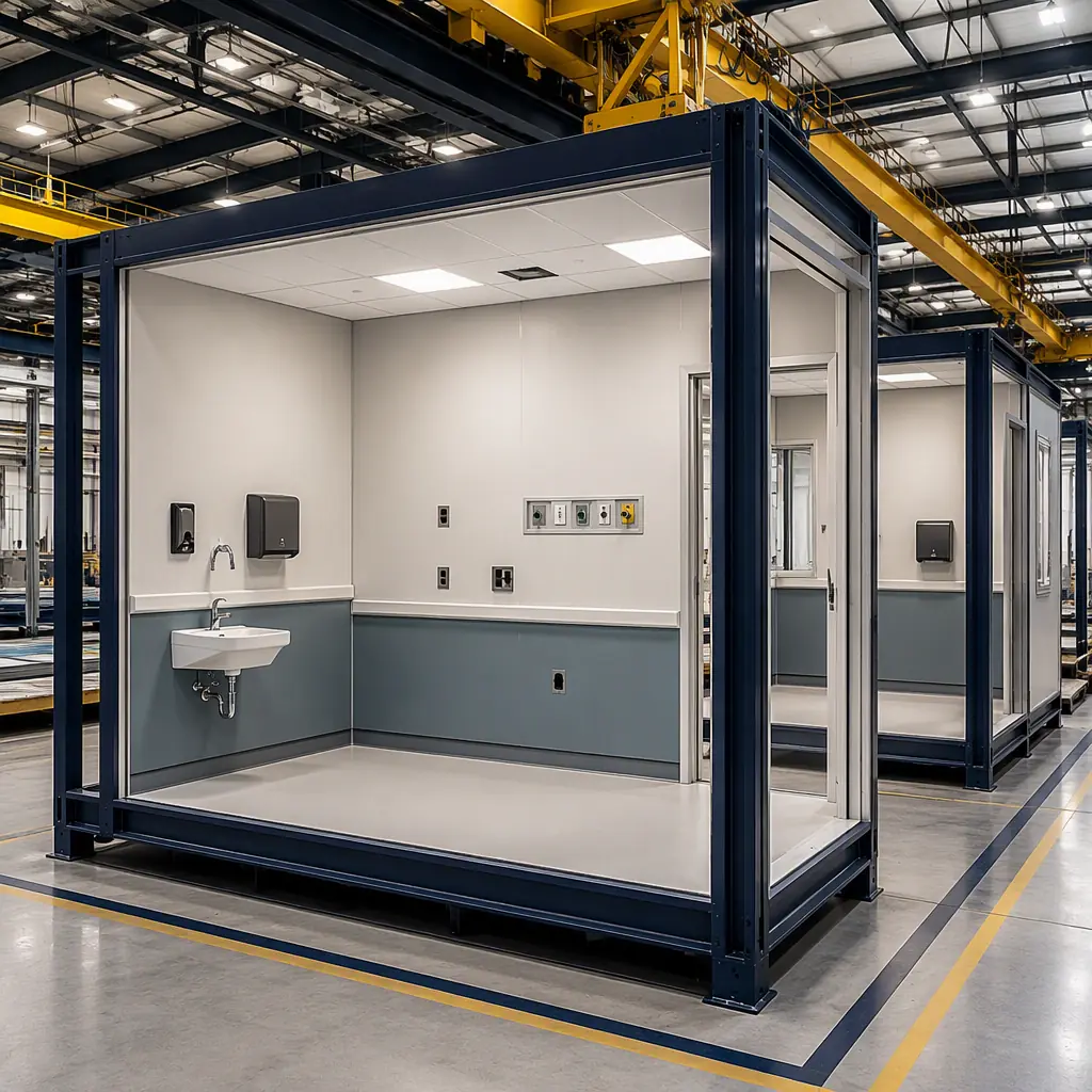 Interior of modular construction factory showing prefabricated medical clinic modules under assembly, exam room module with installed hand-wash sink, wall protection panels and medical gas outlet rough-ins visible, steel frame structure of module, clean bright manufacturing environment with overhead crane