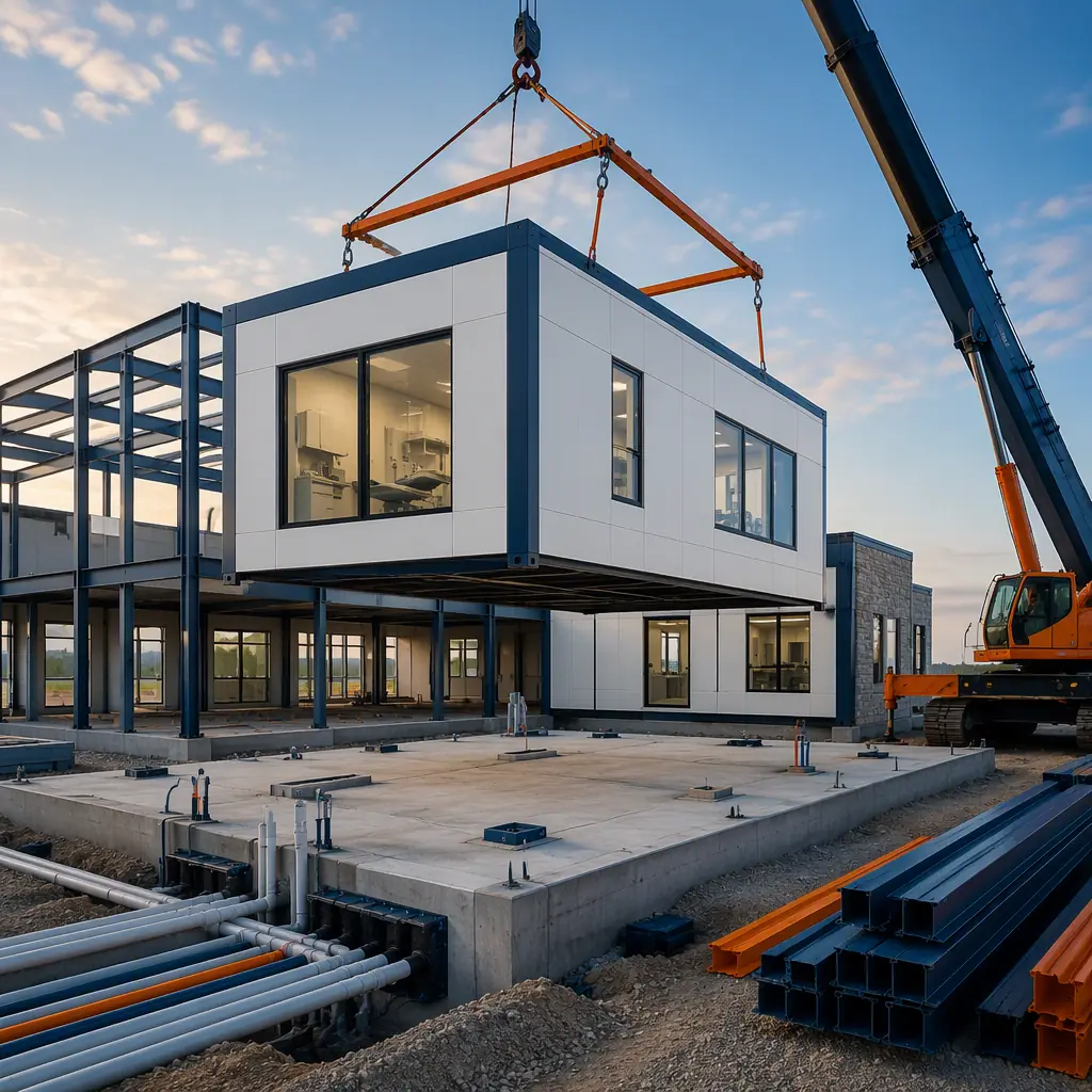 Crane setting a prefabricated medical clinic module onto a prepared foundation slab at an urgent care construction site, module with pre-installed windows and white exterior panels, clean organized site with concrete foundation and utility trenches, modern healthcare construction project