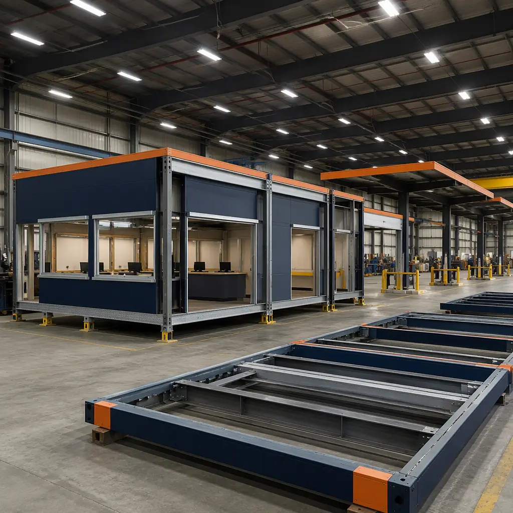 Factory floor assembling prefabricated steel-frame vehicle rental facility modules, counter hall module with glass service windows and vehicle door openings pre-installed, ready-return lane canopy modules, module seams visible, photorealistic, modular prefabricated construction, factory-assembled modules, steel frame structure visible, dark navy and warm steel orange accents, no people faces, no text