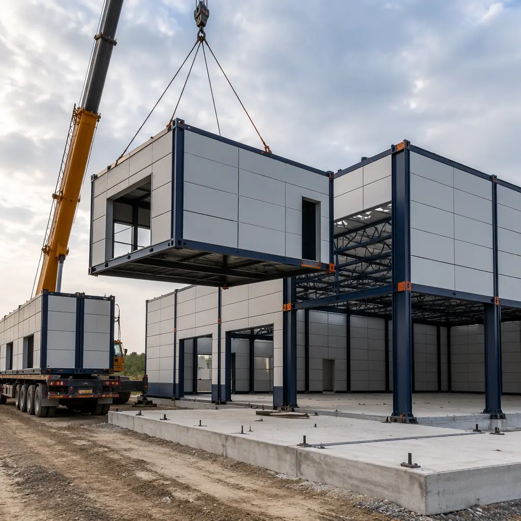 Multiple modular warehouse steel frame modules being positioned on prepared concrete foundation slab, crane operation at industrial construction site, steel columns and roof trusses connecting, module seams visible, factory-assembled industrial building units, grid pattern facade, dark navy accents, warm steel orange structural details