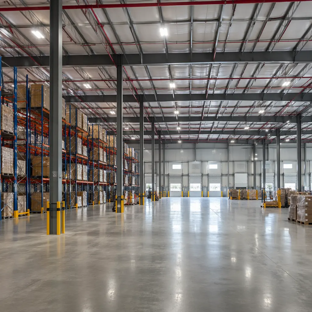 Interior of large modular industrial warehouse, 40-foot clear span steel structure visible, high-bay racking system, ESFR sprinkler piping overhead, LED high-bay lighting, concrete floor slab, loading dock doors in background, prefabricated modular construction, steel frame warehouse interior, industrial facility perspective