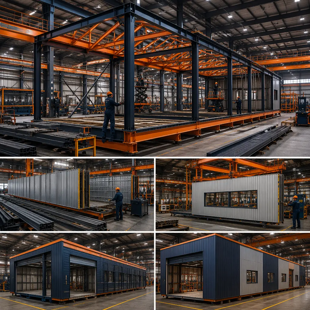 Factory assembly line for modular warehouse steel frame modules, large-scale industrial module on factory floor, steel columns and roof trusses visible, wall panels being installed, workers assembling structural frame, prefabricated modular construction, dark navy accents, warm steel orange structural elements