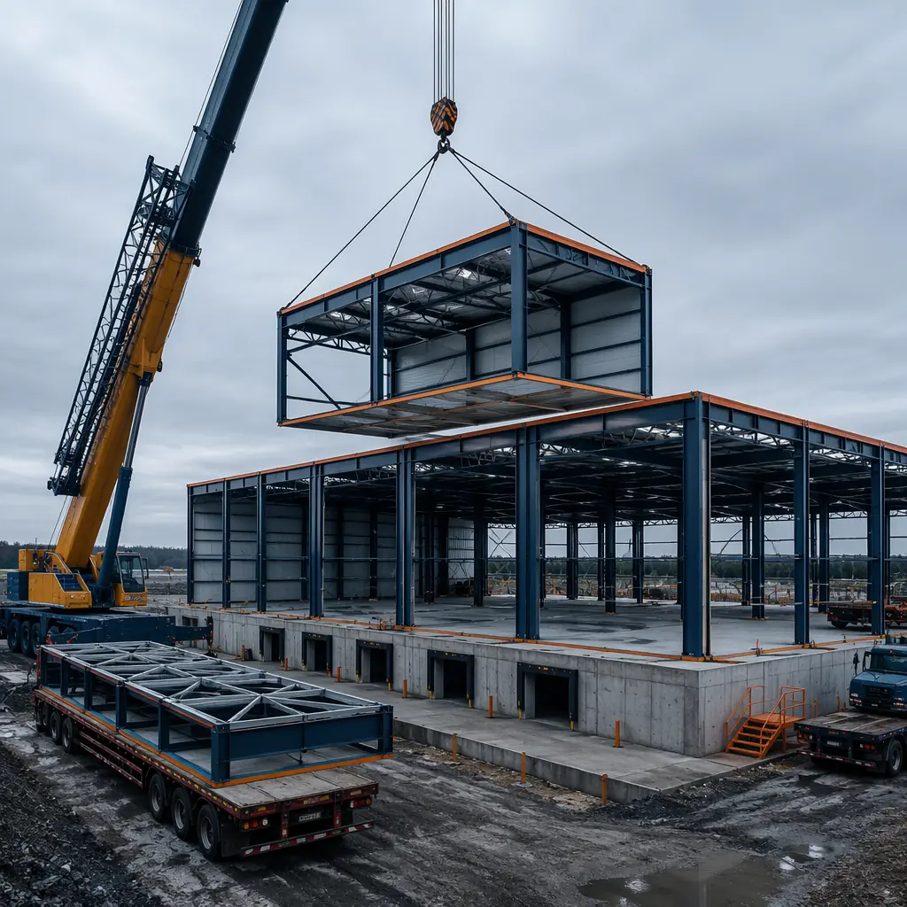 Crane lifting a large modular warehouse steel frame unit onto prepared concrete slab at construction site, multiple modules already positioned, steel columns and roof truss visible, module seams visible, loading dock area, industrial construction site, flatbed trucks with modules, dark navy structural accents