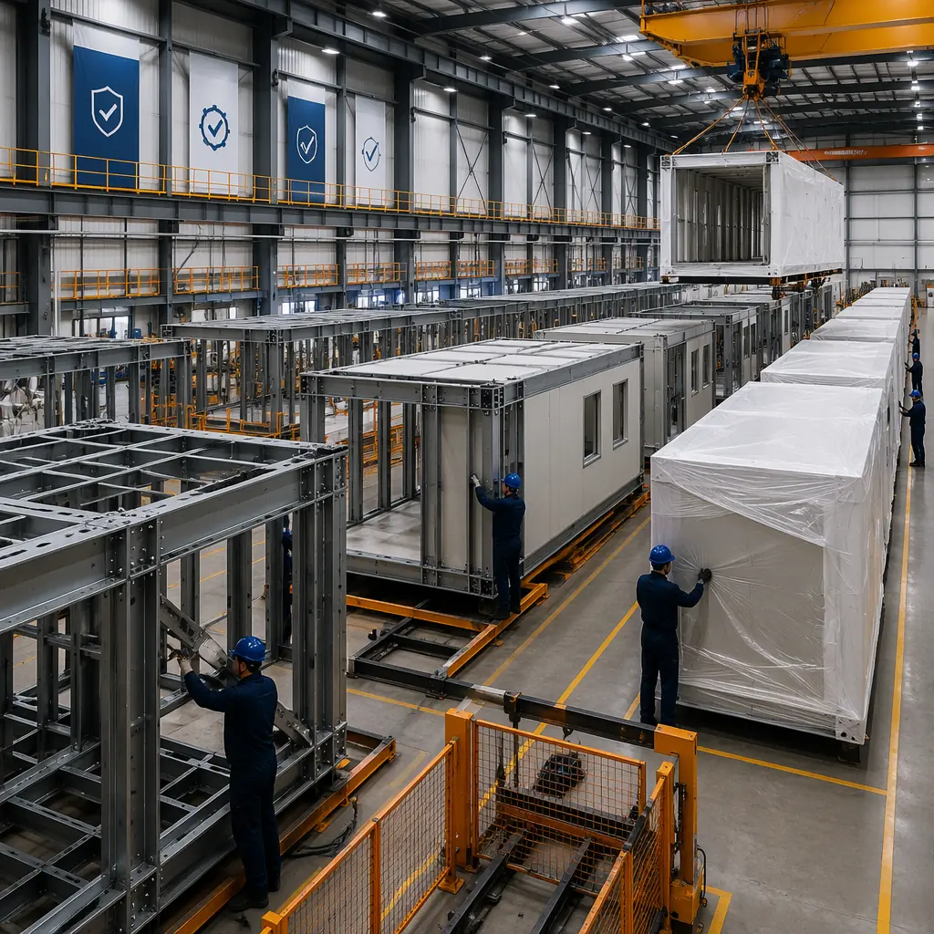 Modular prefabricated construction factory assembly line with rows of steel-framed modules at various completion stages, workers in dark navy uniforms performing quality checks, protective wrapping applied to completed modules, overhead crane transporting finished unit, warm steel orange safety guards