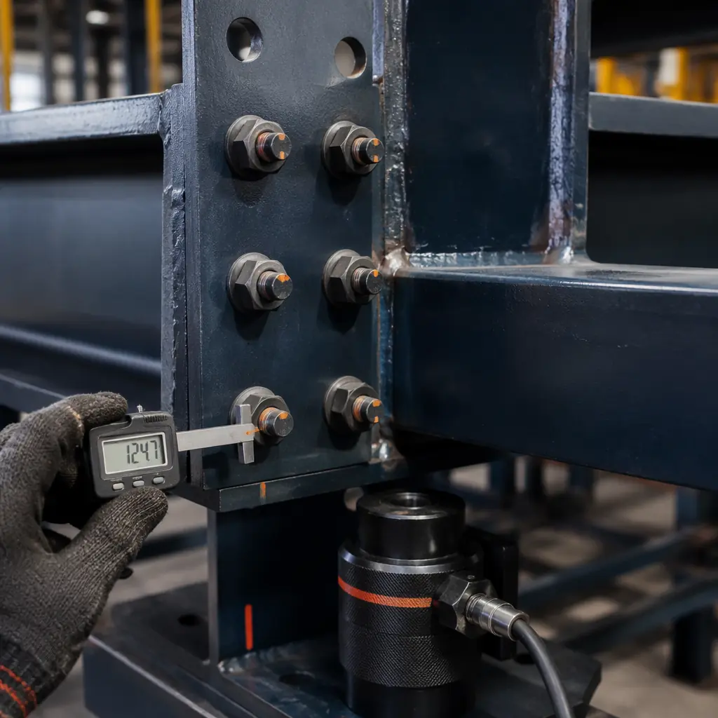 Close-up industrial photography of modular prefabricated construction quality inspection station, steel frame connection examined with digital measurement tools, high-strength structural bolt with torque marking, weld quality highlighted on beam joint, dark navy steel elements with warm orange inspection markers