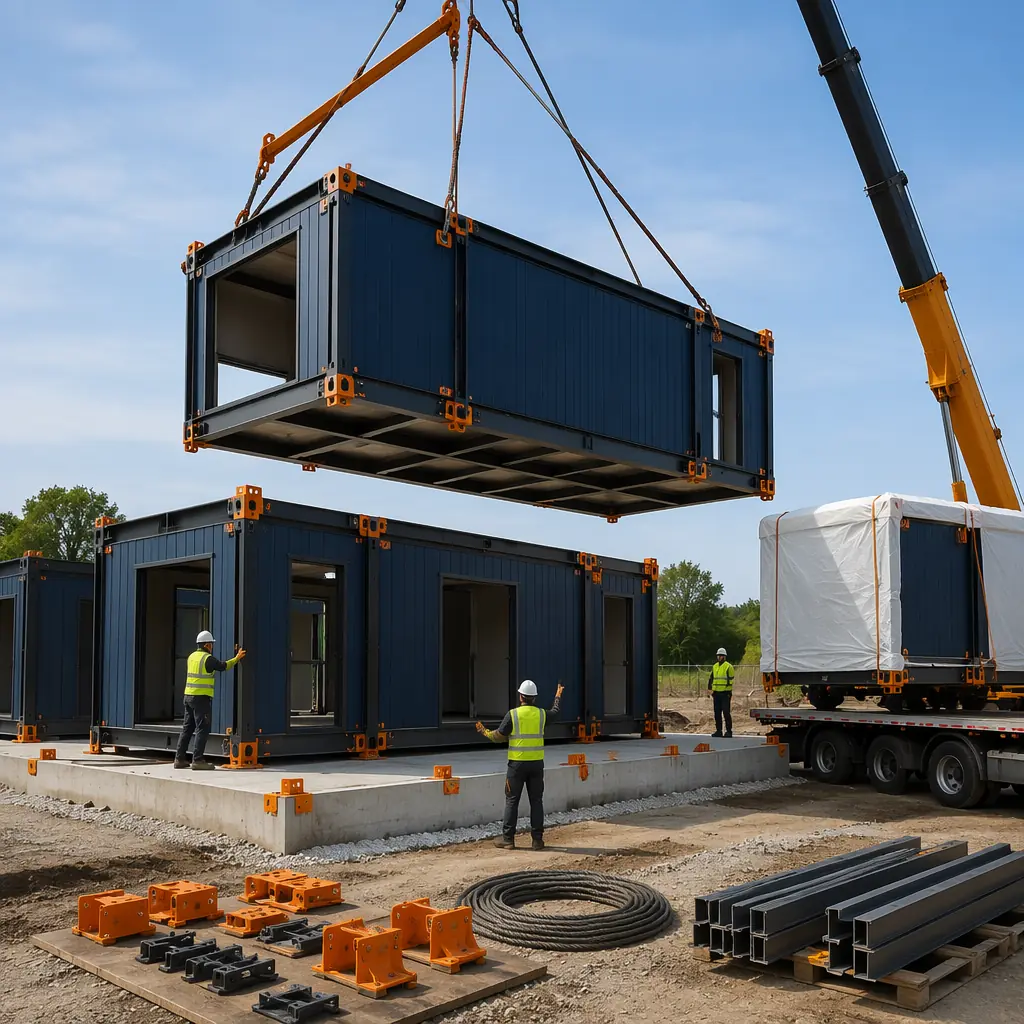 Construction site for modular prefabricated building, crane lifting steel-framed module onto prepared foundation, modules with protective wrapping on flatbed truck, module connection points and docking hardware visible during positioning, dark navy exterior panels with warm orange lifting lugs