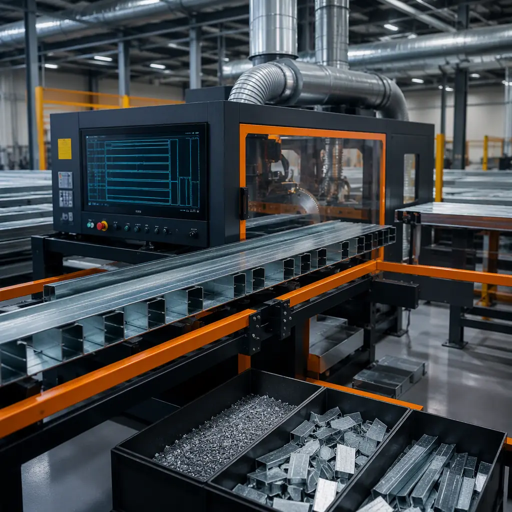 CNC cutting station on modular construction factory floor, automated saw with digital display showing optimized material nesting pattern, steel studs being cut to precise dimensions with minimal offcut waste, organized scrap collection bins at cutting station for metal recycling, clean factory environment with overhead dust extraction, dark navy equipment housing with steel orange safety guarding