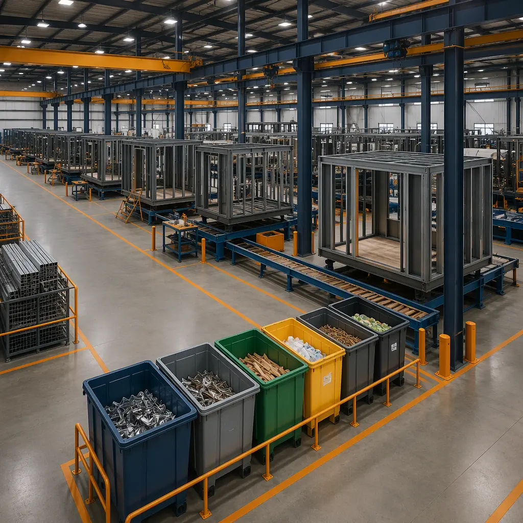 Wide view of modular prefabricated construction factory floor with organized waste segregation system, color-coded recycling bins for steel metal scrap, gypsum drywall, wood and cardboard packaging, assembly line with steel frame modules at various production stages, clean organized aisles between workstations, no debris on floor, overhead crane and material handling system, dark navy structural steel with warm orange safety bollards and markings