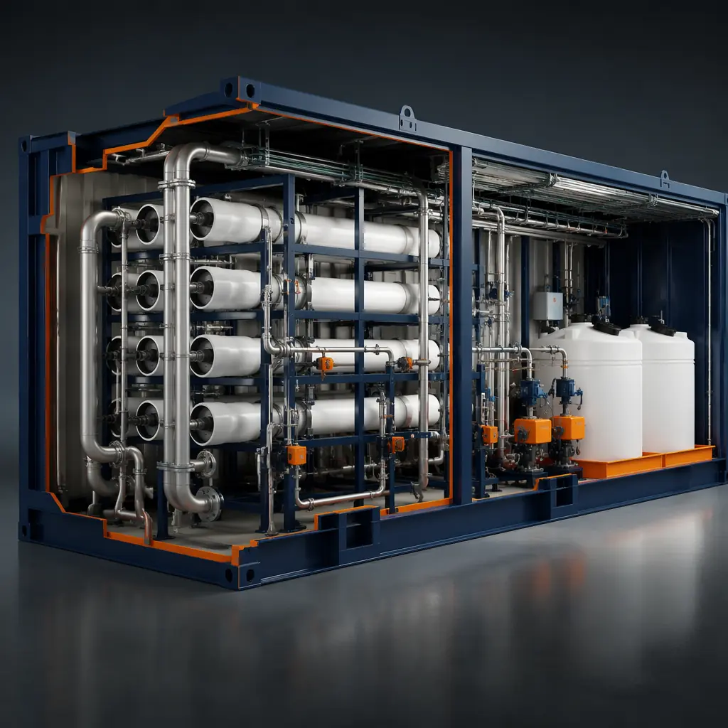 Photorealistic 3D cross-section render of modular water treatment process module, membrane filtration pressure vessels pre-plumbed with stainless steel process piping, chemical feed metering pumps and day tanks factory-installed on structural steel skid, cable tray with pre-terminated instrumentation wiring, corrosion-resistant epoxy coating on steel frame, dark navy and steel orange color accents on structural elements