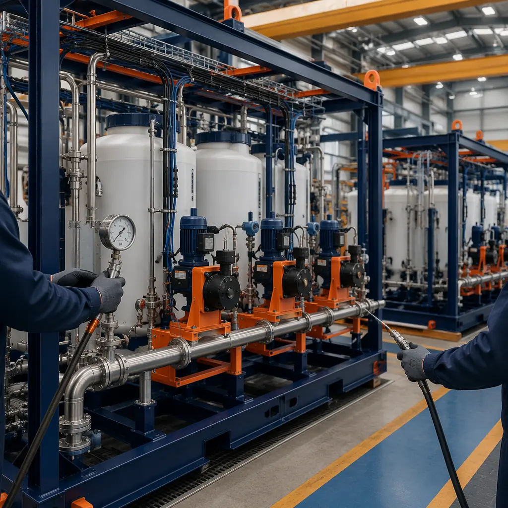 Factory floor of modular prefabricated construction facility, water treatment chemical feed module being assembled, stainless steel process piping pre-installed on structural steel skid frame, metering pumps and HDPE day tanks factory-fitted, instrument cable trays with pre-terminated wiring, workers in clean factory environment performing hydrostatic pressure testing, completed process modules in background, dark navy and steel orange color palette