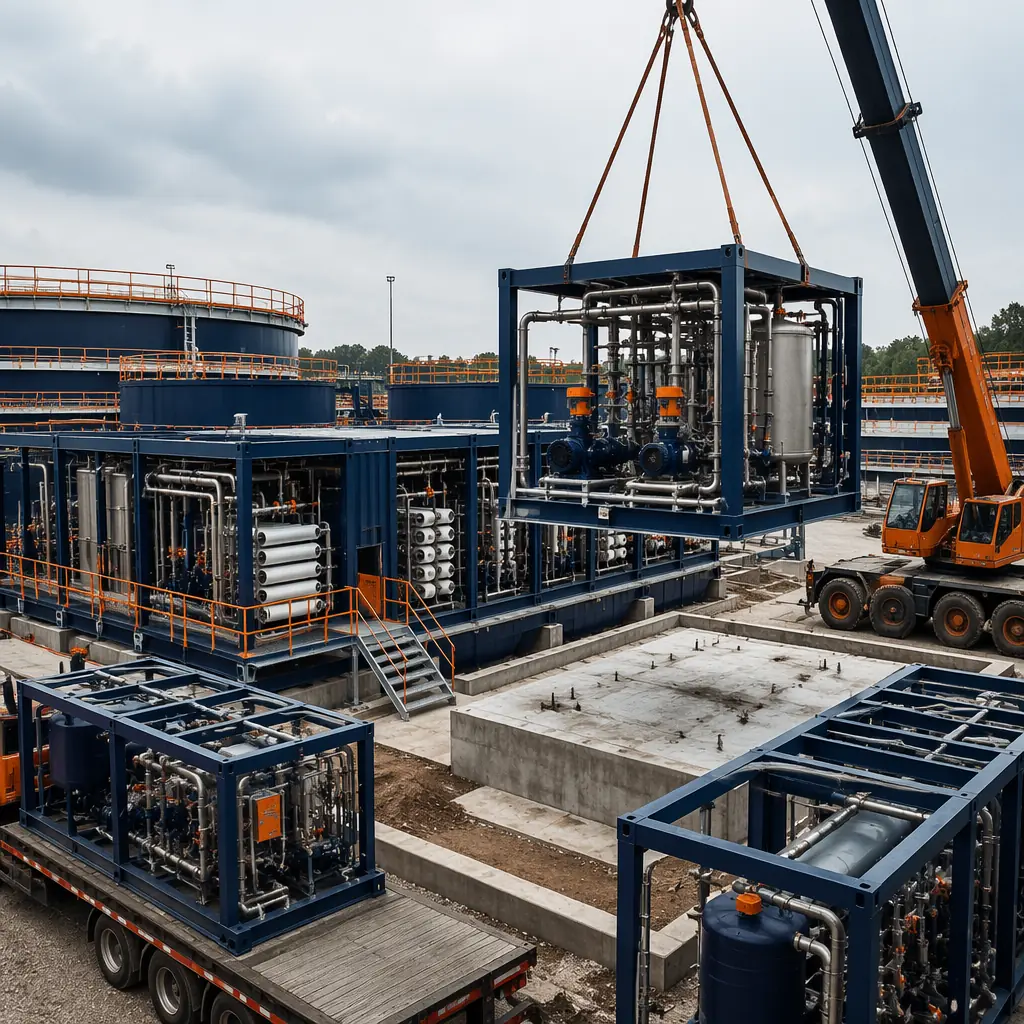 Construction site of modular water treatment plant, crane lifting completed chemical feed process module with factory-installed stainless steel piping and metering pumps onto prepared concrete foundation, flatbed trucks delivering additional modules, membrane filtration enclosure modules already positioned and connected, steel-framed modules with pre-applied corrosion-resistant epoxy coating, clarifier tanks in background, dark navy and steel orange color scheme