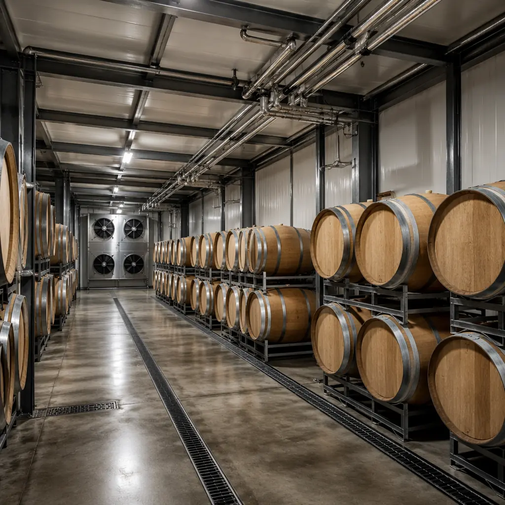 Factory-fabricated modular wine barrel storage unit, rows of oak barrels in temperature-controlled environment, stainless steel refrigerant piping visible in ceiling, industrial HVAC system integrated into module, controlled humidity environment