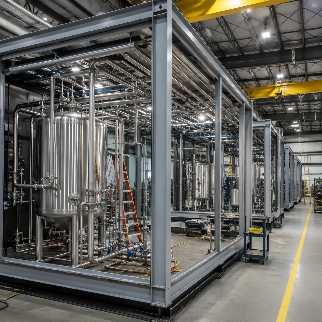 Modular construction factory floor, craft beverage production module under assembly, stainless steel process piping and glycol loops being installed, steel frame structure visible, quality control inspection station