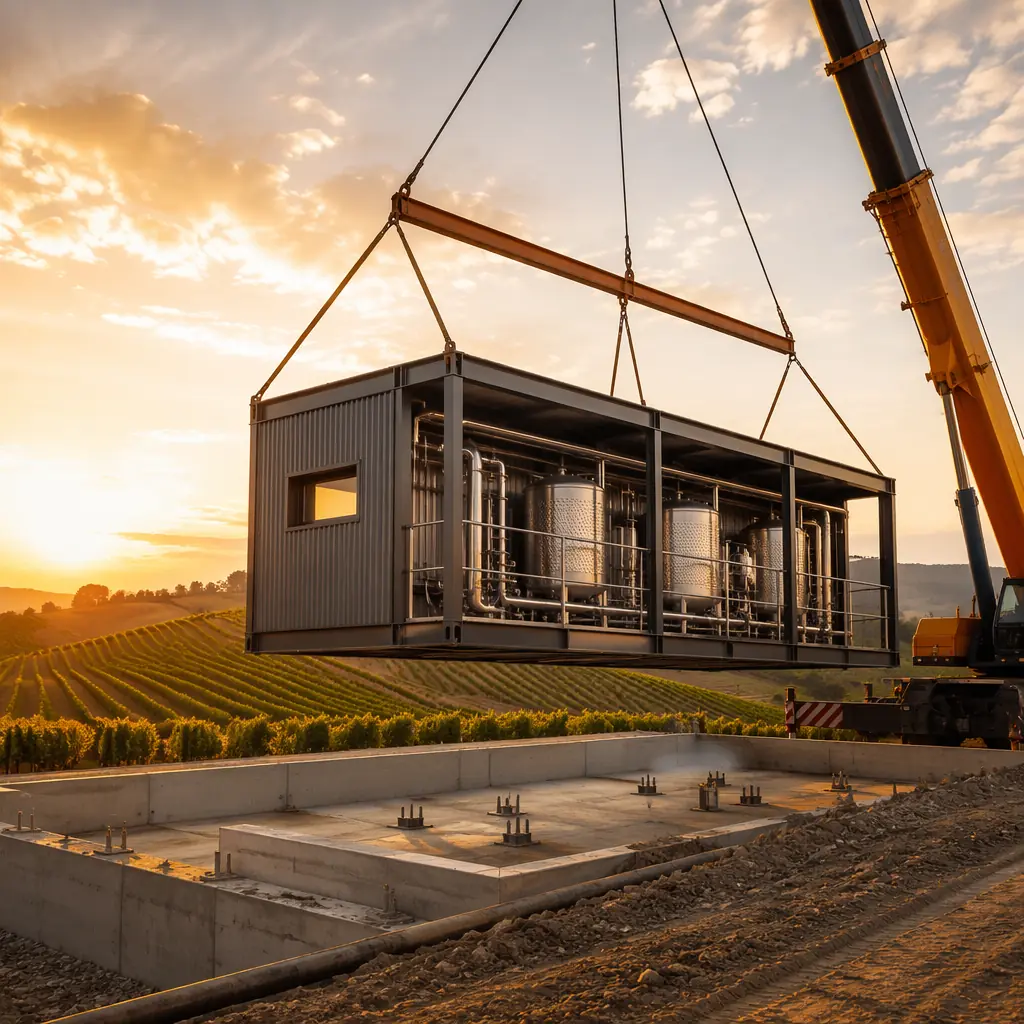 Crane lifting completed modular winery production module with pre-installed tank pads and process piping onto prepared foundation at vineyard construction site, vineyard rows visible in background