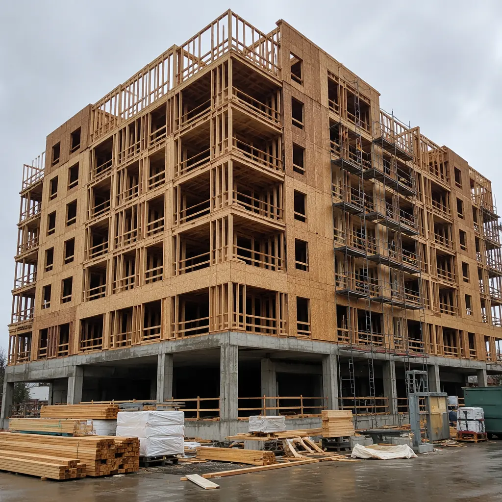 Conventional wood-frame mid-rise construction site, stick framing crew installing wall studs and floor joists on upper floors of a 5-over-1 podium building, exposed wood structural members visible, construction debris and material staging on lower floors, crane lifting lumber bundles, outdoor weather-exposed construction environment with tarps for rain protection, natural wood tones and construction site context