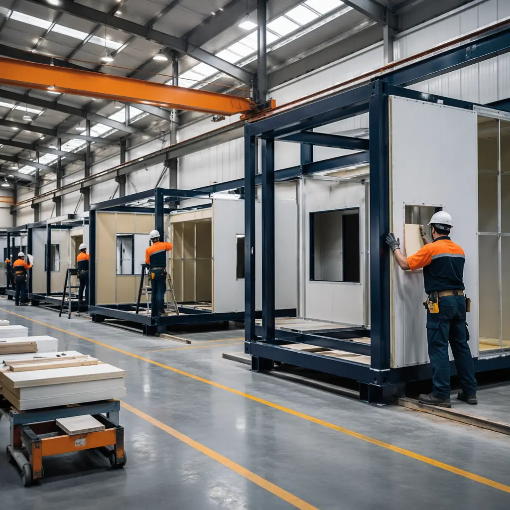 Factory assembly line producing prefabricated modular accommodation units with steel frame modules in various stages of completion