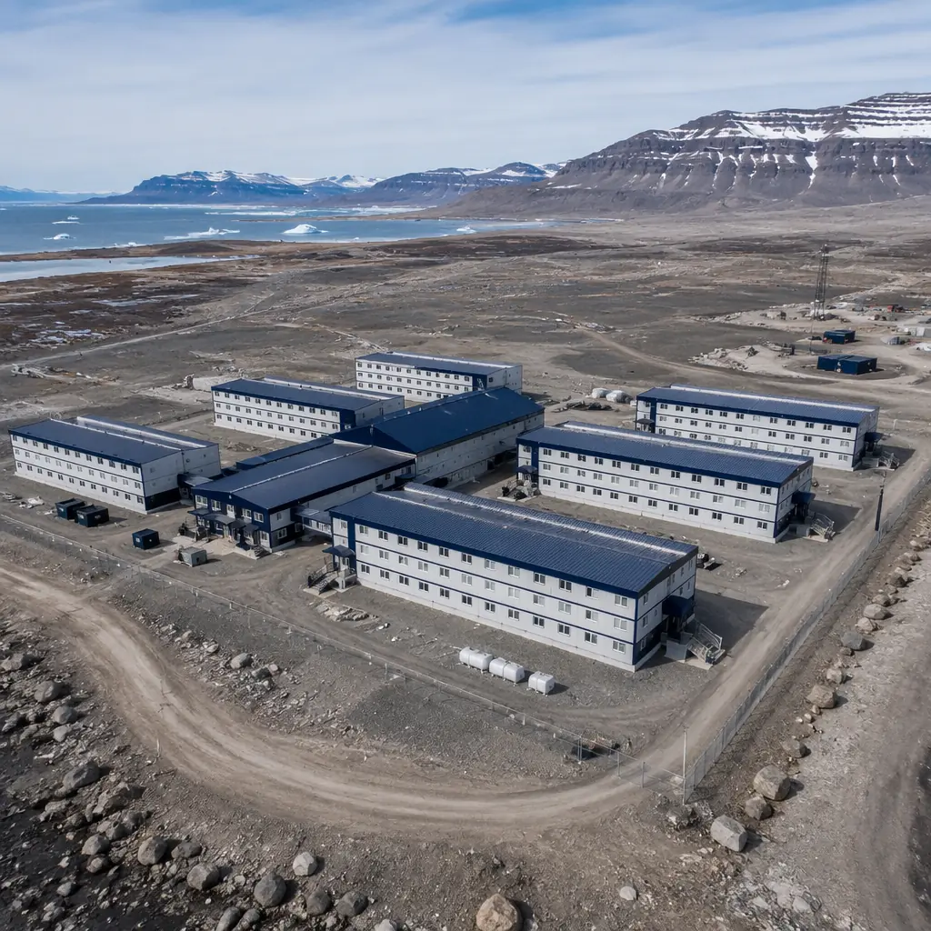 Aerial view of completed modular workforce housing camp in remote industrial setting showing organized accommodation blocks and central facilities