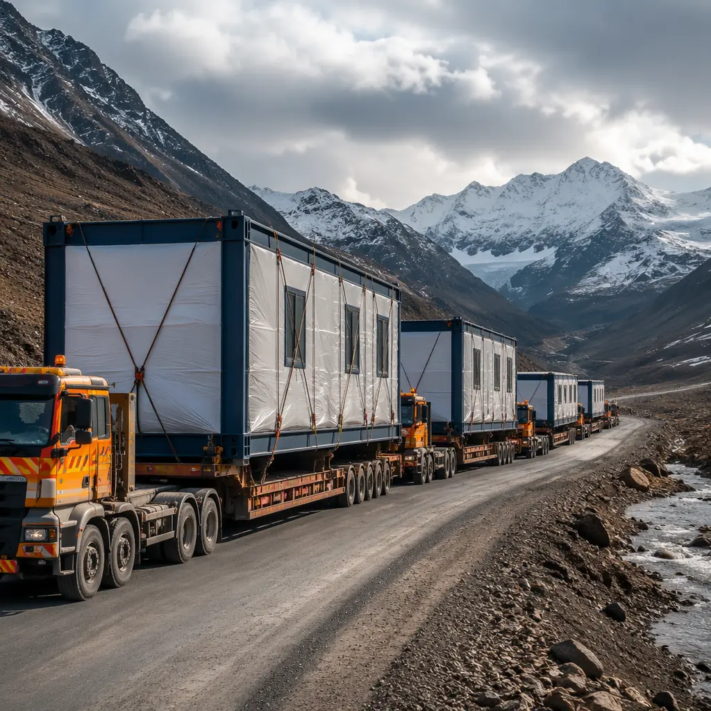 Flatbed heavy-haul trucks transporting completed modular accommodation units through mountainous terrain toward remote mining site